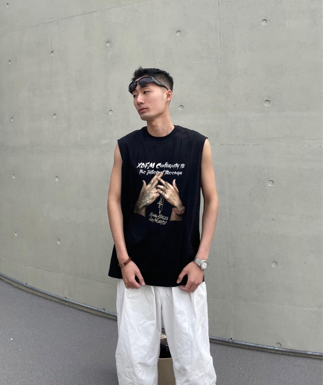 潮牌街头男女坎肩背心美式暗黑手势丧系无袖T恤纯棉小众上衣